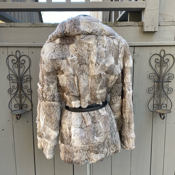 Vintage 70s 80s Rabbit Fur Belted Bomber Coat Jacket - Picture 4 of 8